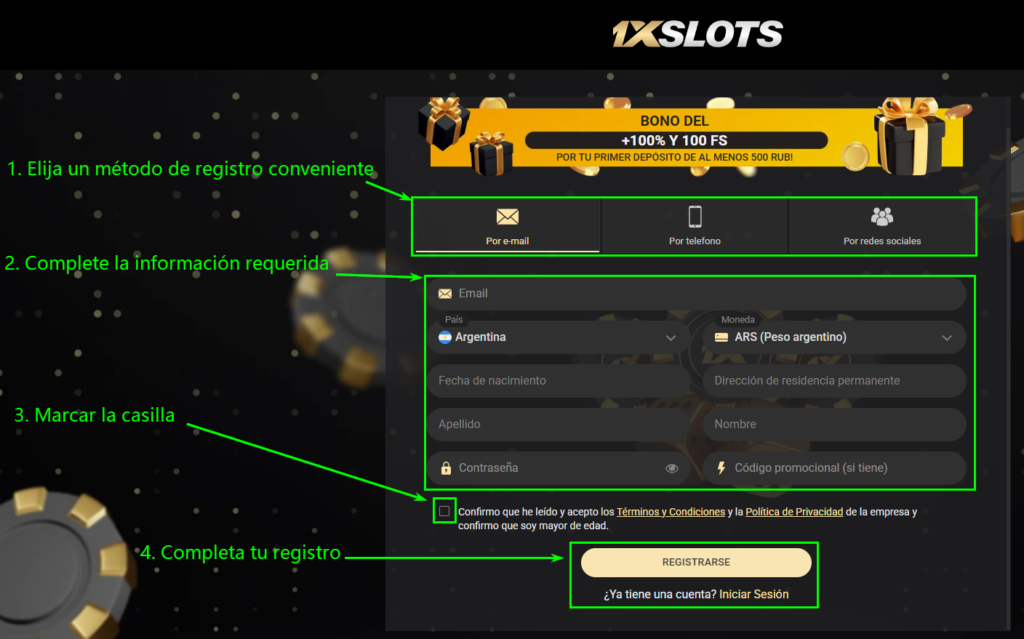 Crear cuenta en 1xSlots